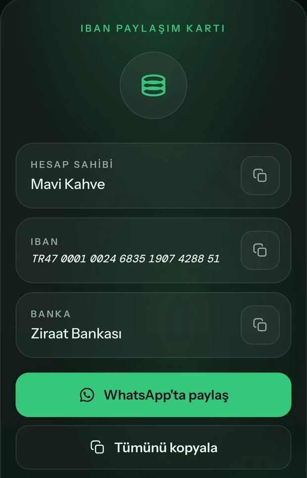 IBAN ekranı: hesap sahibi, IBAN ve banka satırları